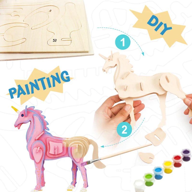 Bouwpakket 3D Houten Puzzel Paint Kit | Unicorn - Afbeelding 3