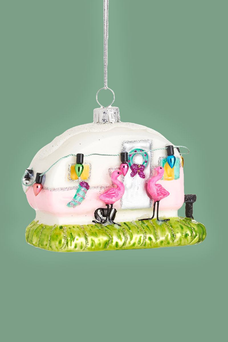 Kerstbal Pink Flamingo Caravan