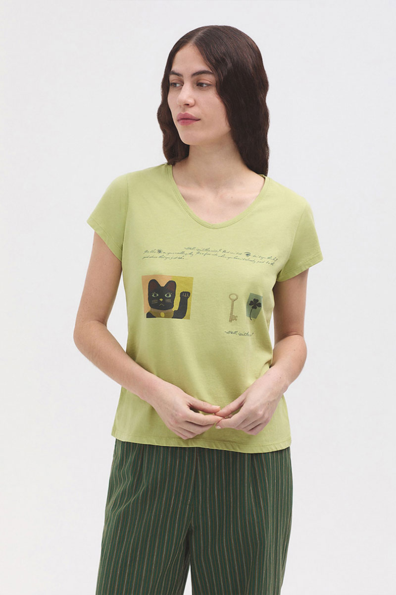 T-Shirt Good Luck Letter Light Green - Nice Things