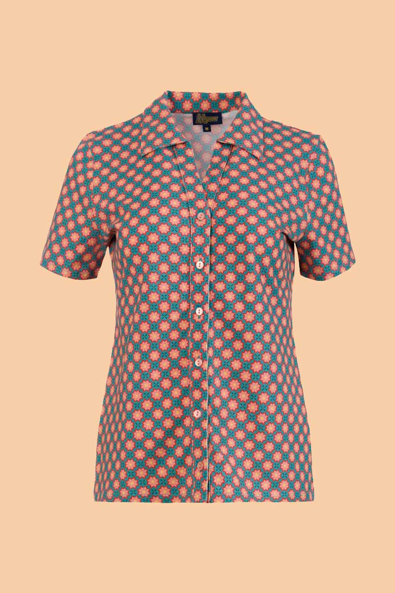 Lena Blouse Short Sleeve Vintage Coral Flower - LaLamour