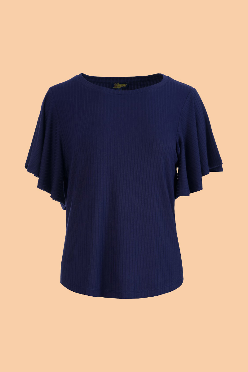 Sophie Top Short Butterfly Sleeve Rib Navy - LaLamour