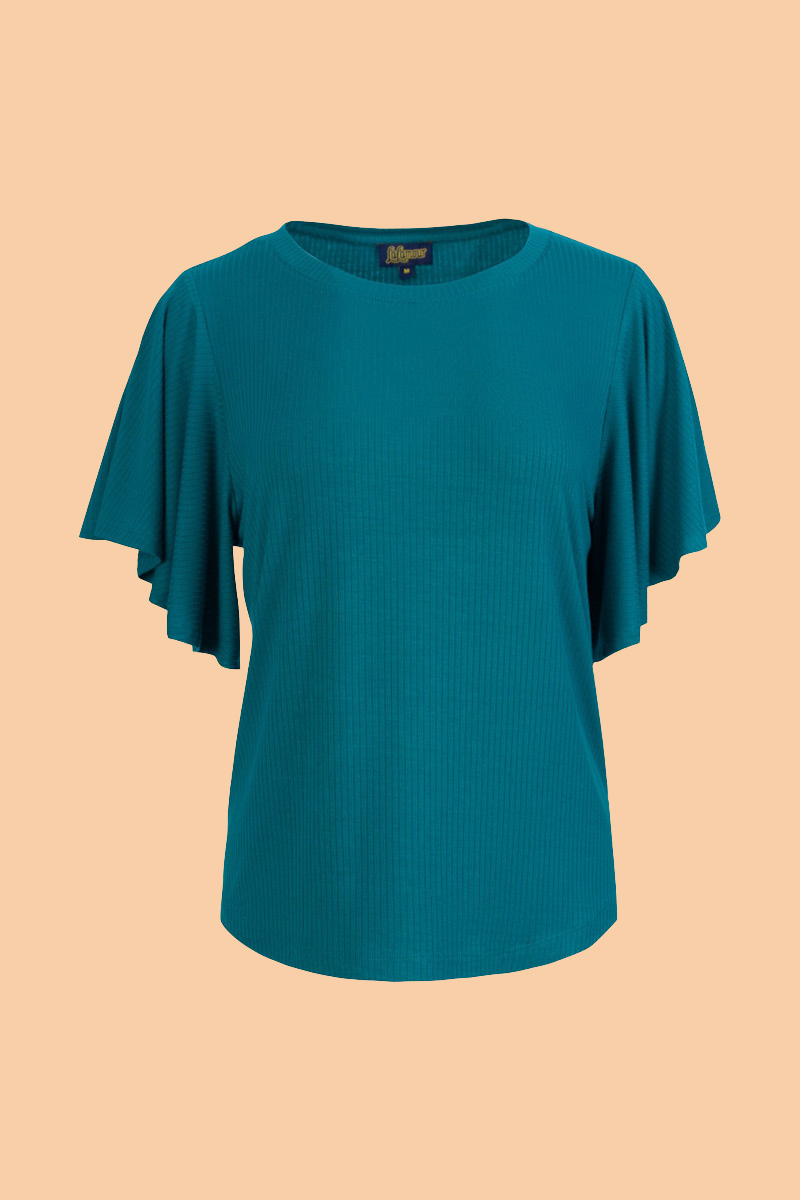 Sophie Top Short Butterfly Sleeve Rib Petrol Blue - LaLamour