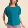 Sophie Top Short Butterfly Sleeve Rib Petrol Blue LaLamour 3