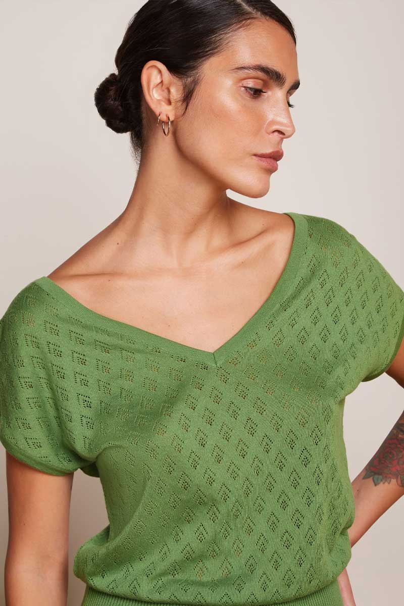 Mateo Knit Double V Top Jade Green - King Louie