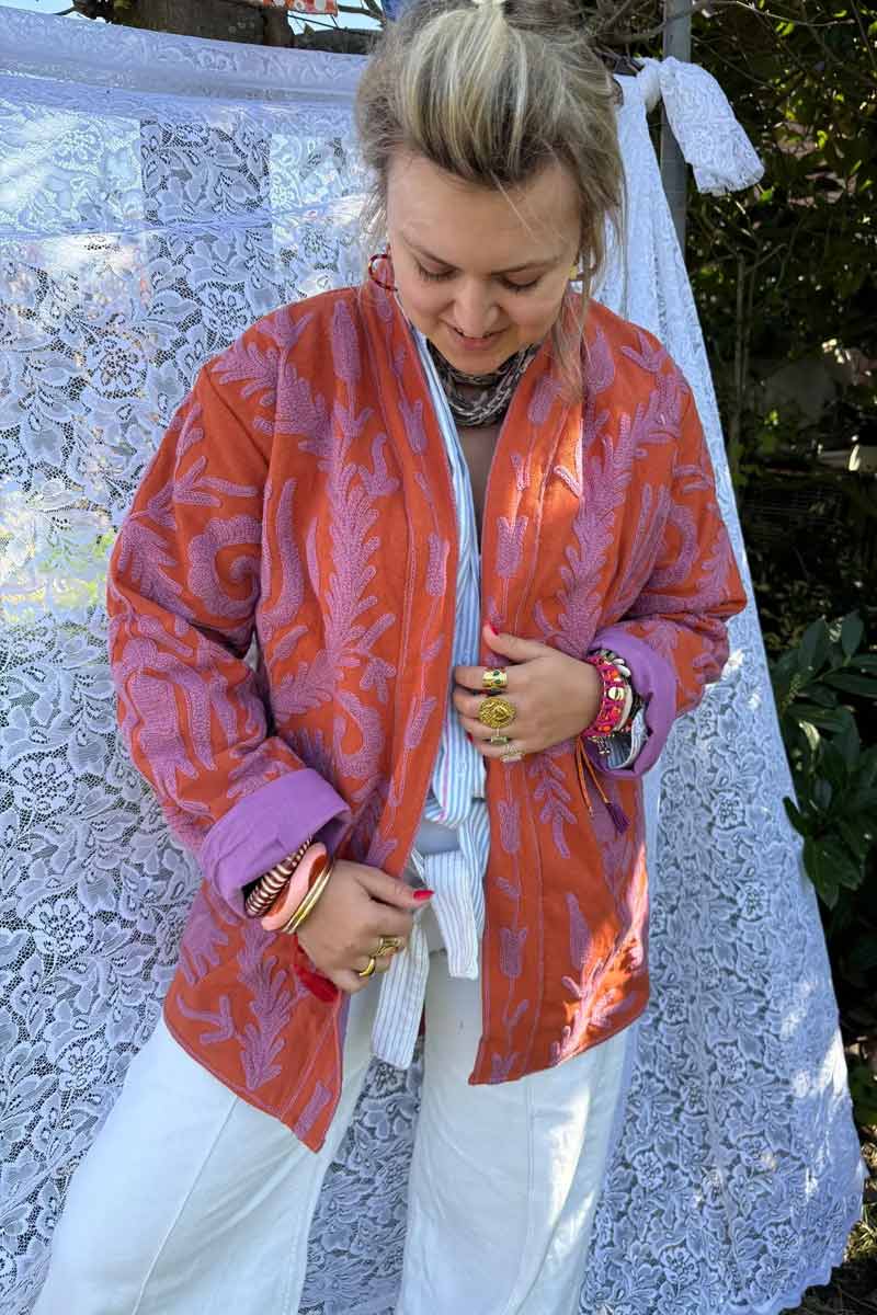 Jacket Long Cotton Embroidery Orange - ToutVintage