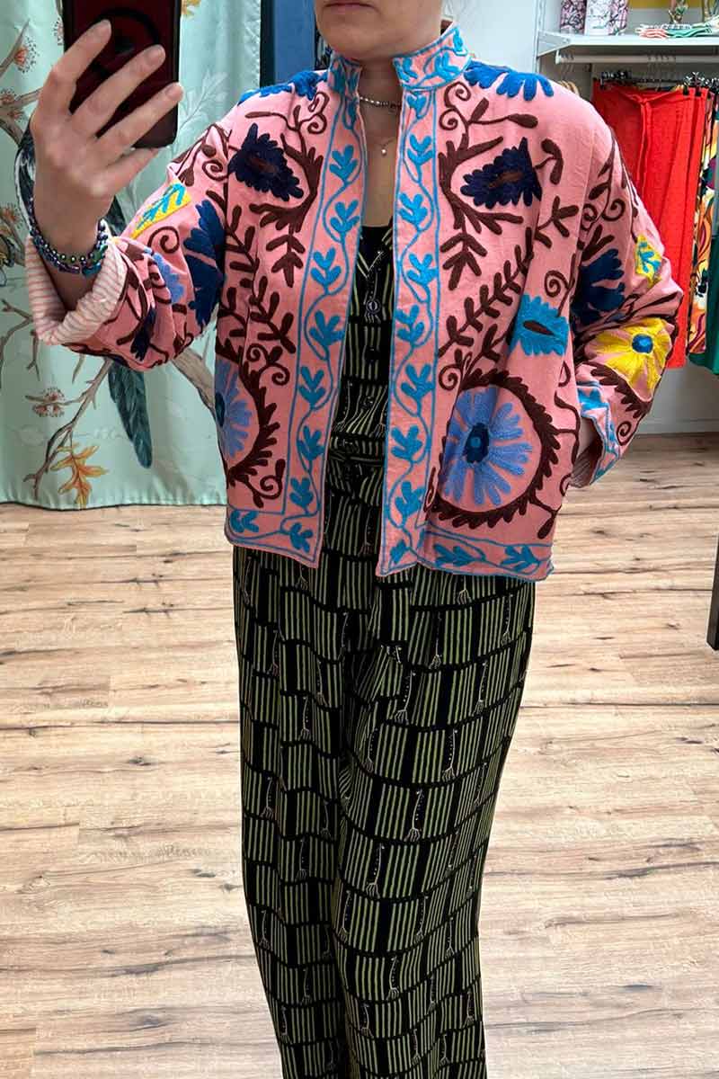 Jacket Pink And Blue Embroidery - ToutVintage