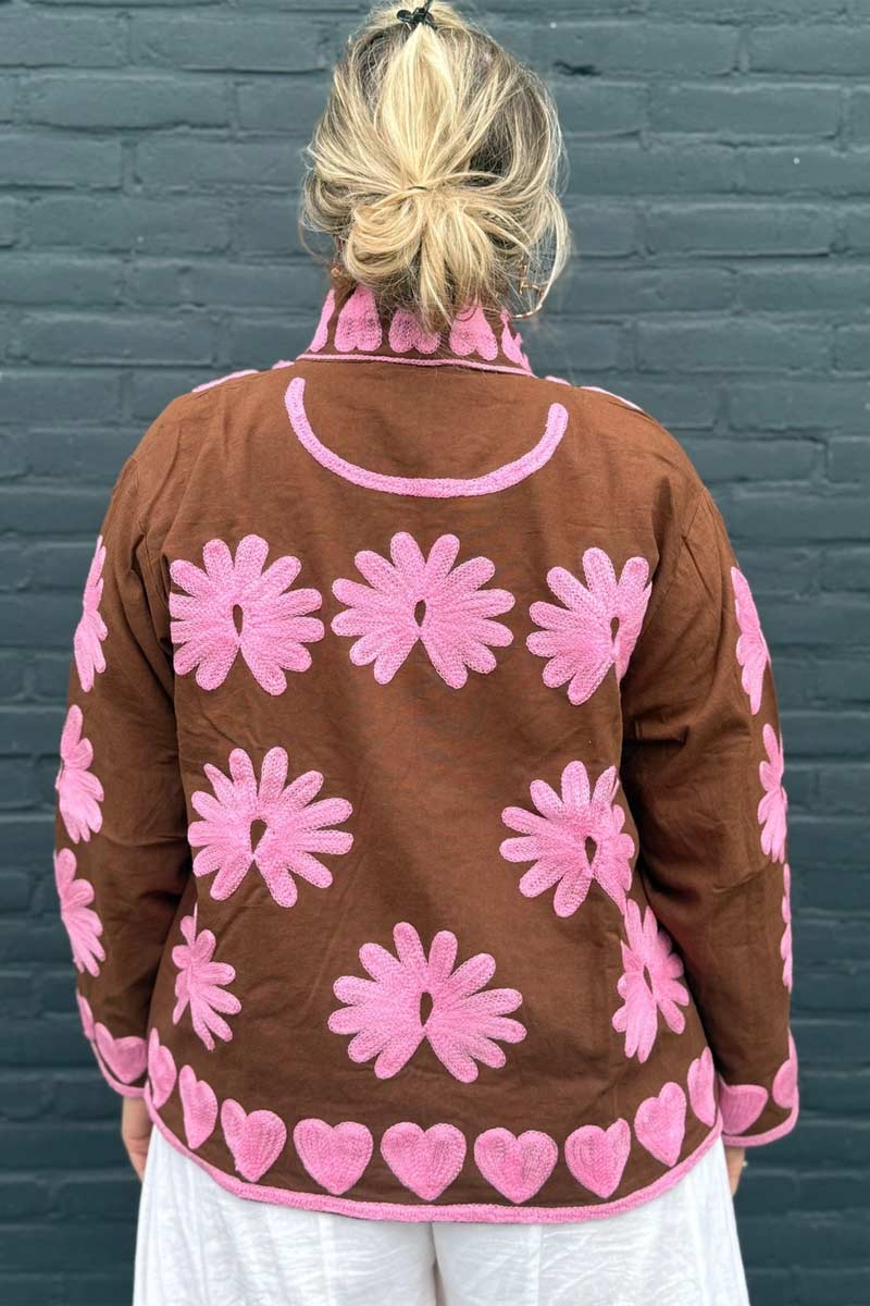 Jacket Cotton Embroidery Brown Pink ToutVintage