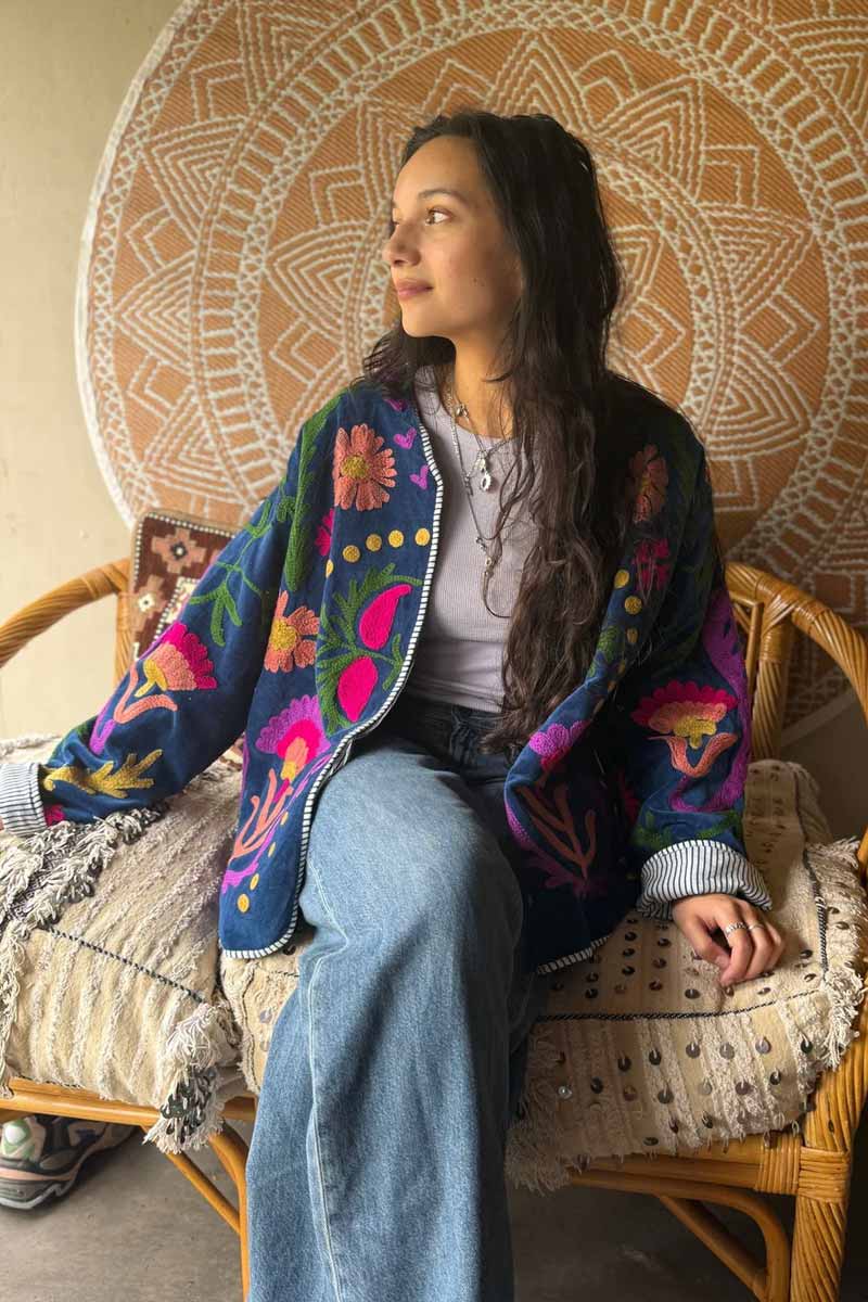 Jacket Suzani Embroidery LOVE Darkblue - ToutVintage