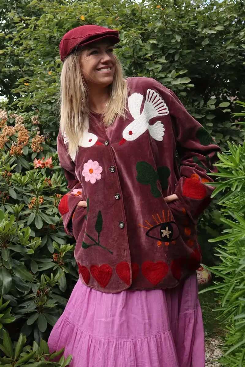 Jacket Velvet Embroidery Bird - ToutVintage
