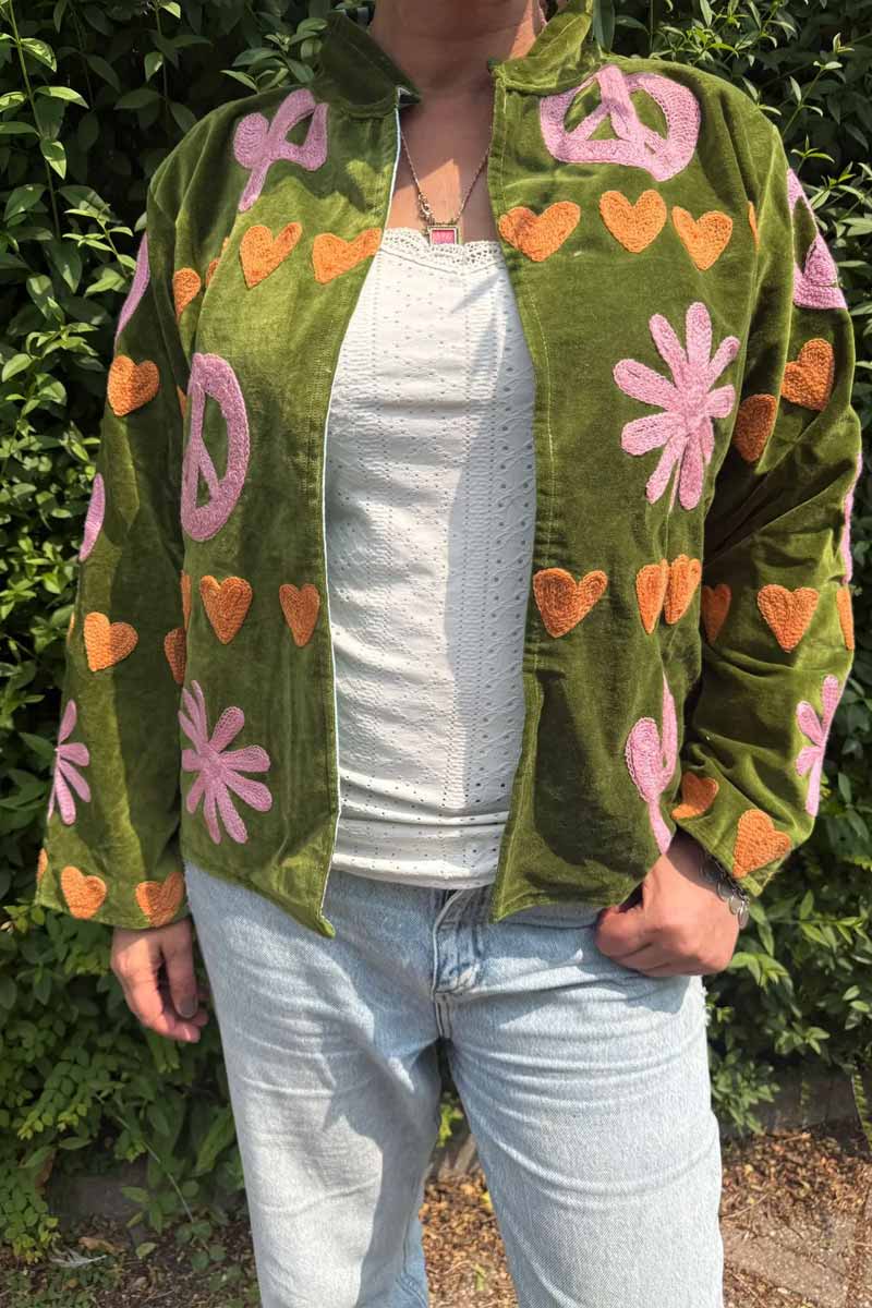 Jacket Velvet Embroidery OliveGreen- ToutVintage