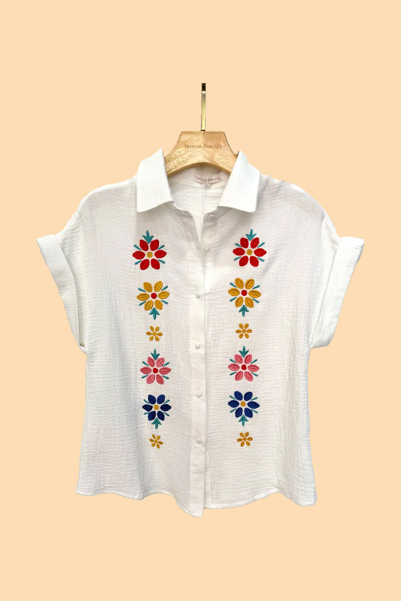 Short Sleeve Top Embroidery Flowers