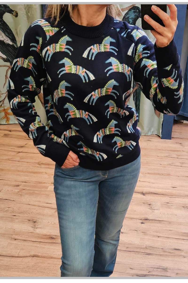 Sweater Santiago Button Neck Horses - Pretty Vacant