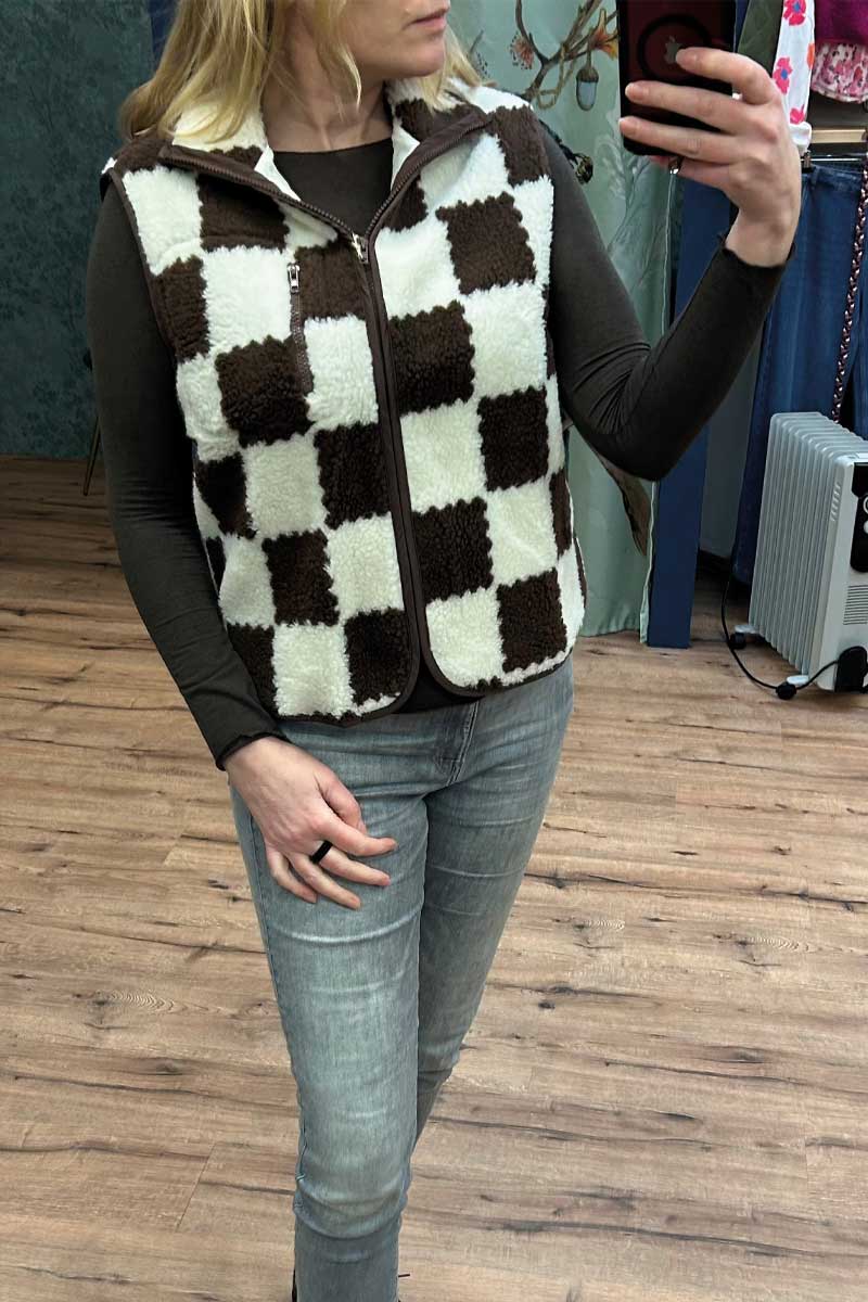 Geblokt Teddy Gilet Bruin