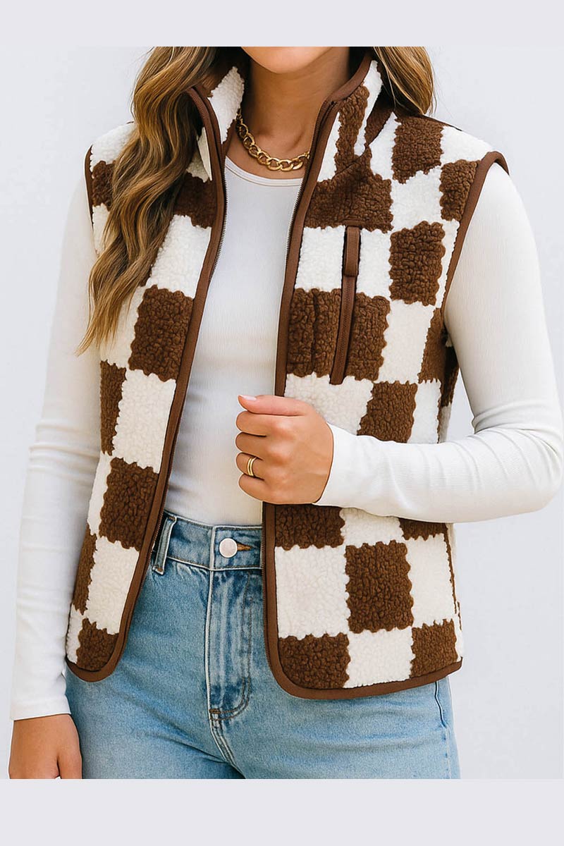 Geblokt Teddy Gilet Bruin - Afbeelding 3