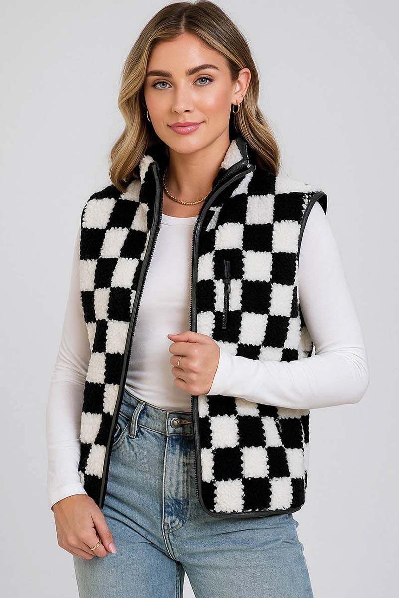 Geblokt Teddy Gilet Zwart