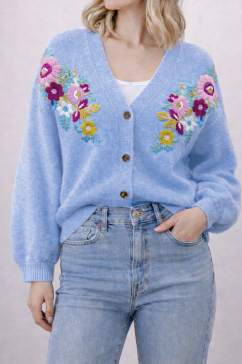 Vest Geborduurde Bloemen Lichtblauw