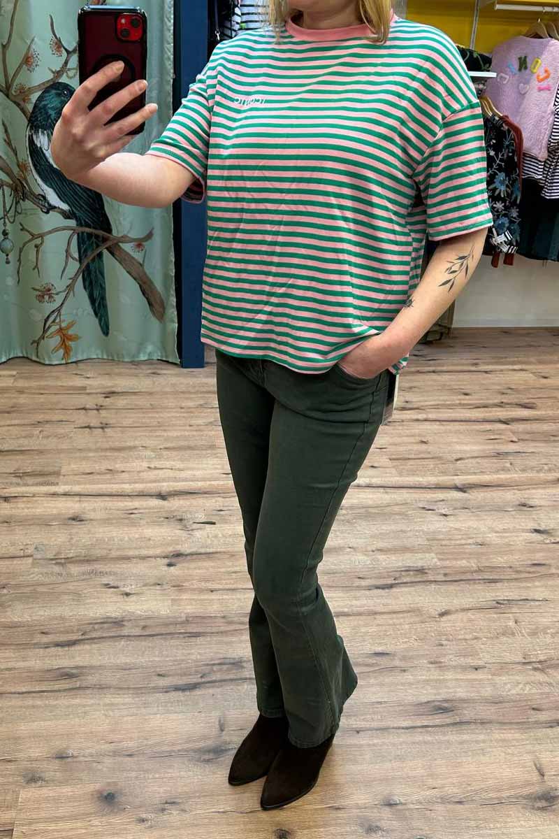 Alternative view of Gestreept Shirt Korte Mouw - Groen met Roze