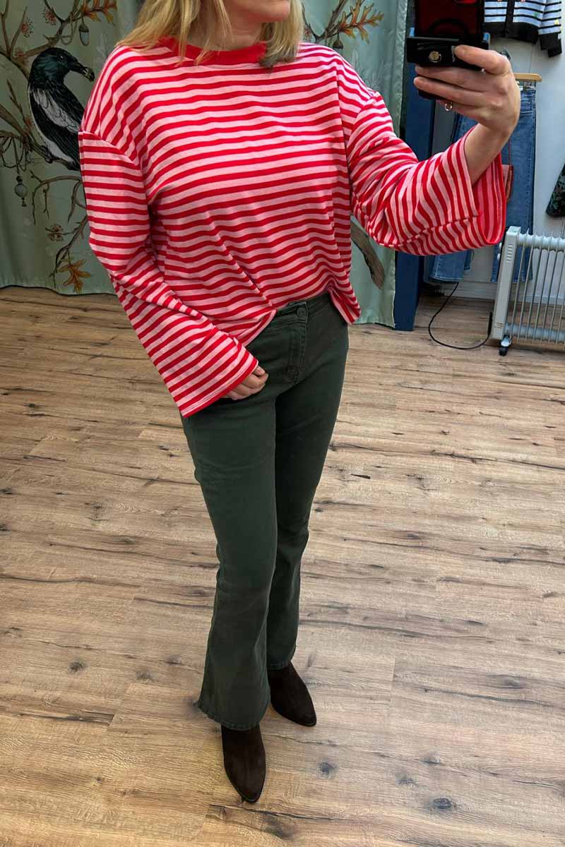 Gestreept Shirt Wijde Mouwen - Rood met Roze