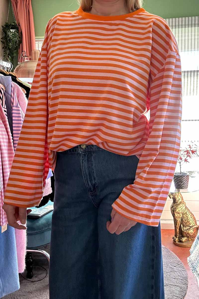 Gestreept Shirt Wijde Mouwen - Oranje met Roze