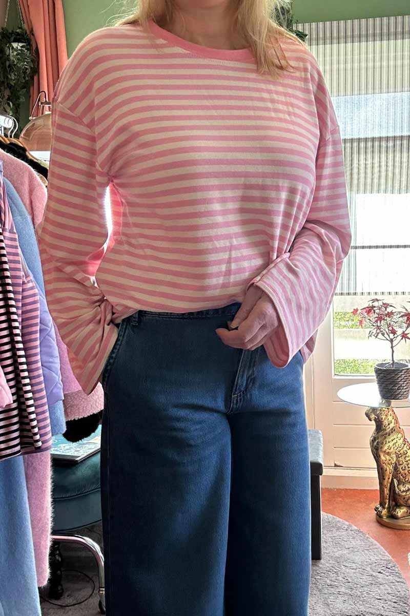 Gestreept Shirt Wijde Mouwen - Roze met Pink