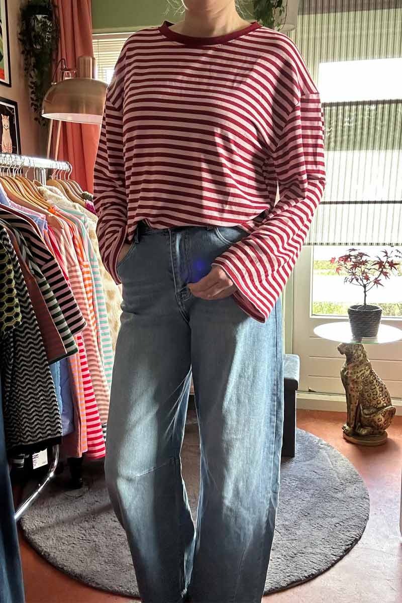 Gestreept Shirt Wijde Mouwen - Bordeaux met Roze