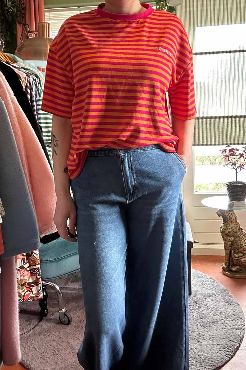 Gestreept Shirt Korte Mouw - Fuchsia met Oranje