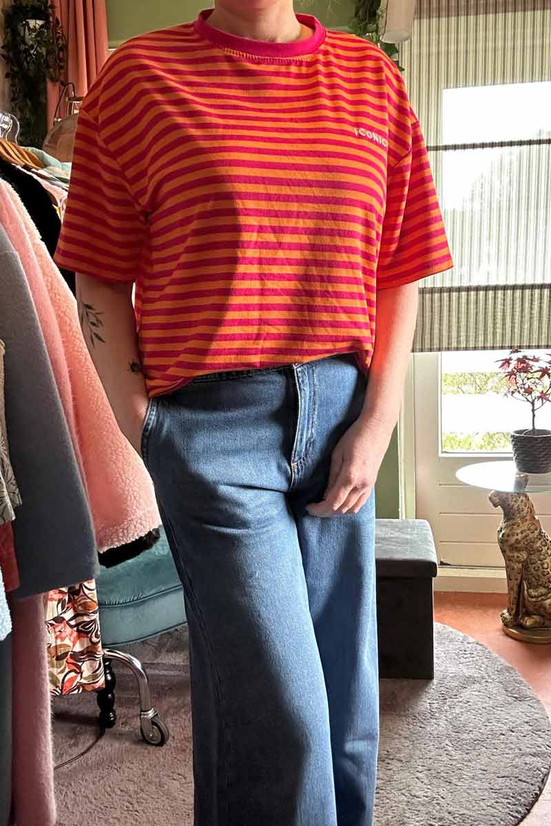 Alternative view of Gestreept Shirt Korte Mouw - Fuchsia met Oranje